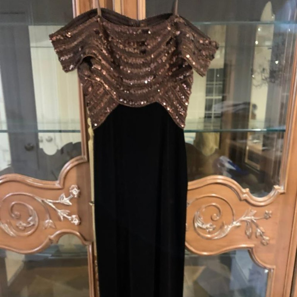 Susan Roselli 4 Vijack-Chocolate brown velvet w/ sexy off shoulder sequins gown